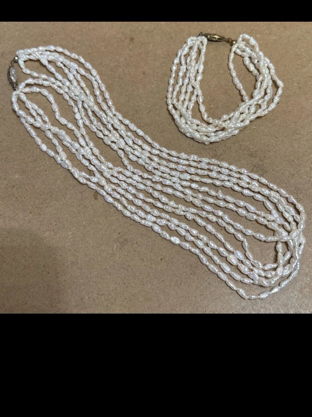 White Freshwater 6 Strands Rice Shape Pearl Necklace & Bracelet Set